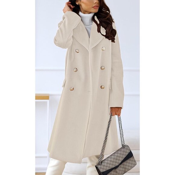 💫 Women Cream Long Trench Coat Winter Double-Breasted Wool Blend Warm Jackets - Picture 2 of 6